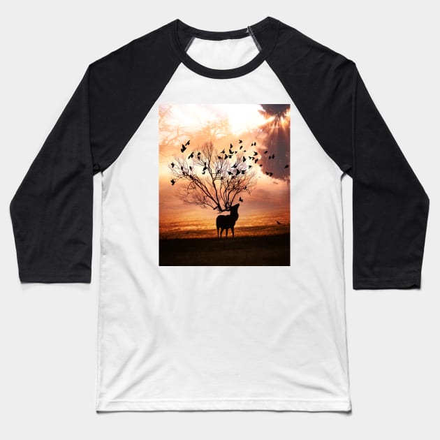 Sunset Deer Baseball T-Shirt by sherifarts